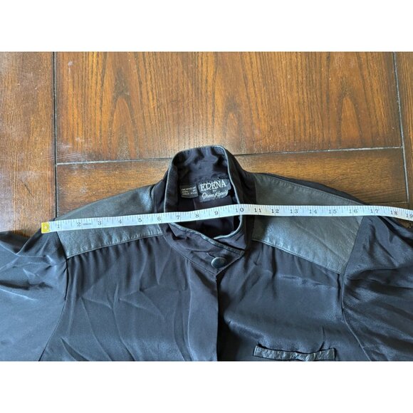 Vintage Erena By Irene Koenig Black Blouse Leather Trim Peplum Size 6 - Picture 11 of 12